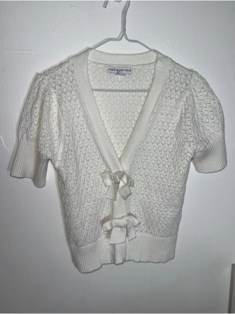 Cream Short-Sleeve Knit Cardigan with Bow Ties